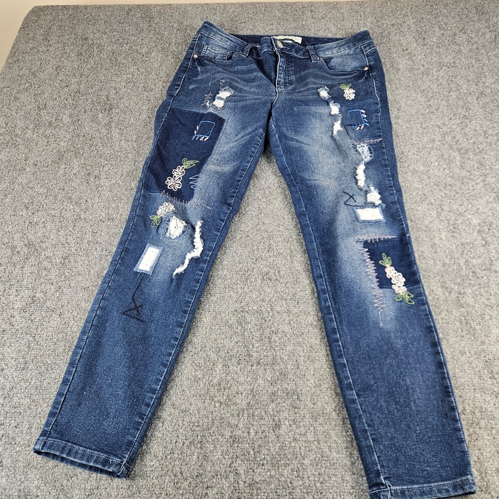 Est 1946 Denim Womens Curvy Distressed Embroidered Patchwork Skinny Jeans Blue 4
